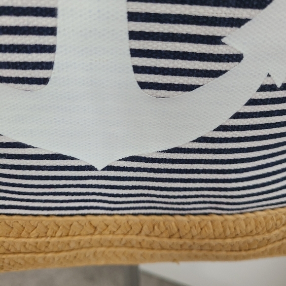 Trïbe Canvas & Rattan Nautical Blue & White Striped Drawstring Backpack NWT - Picture 2 of 6